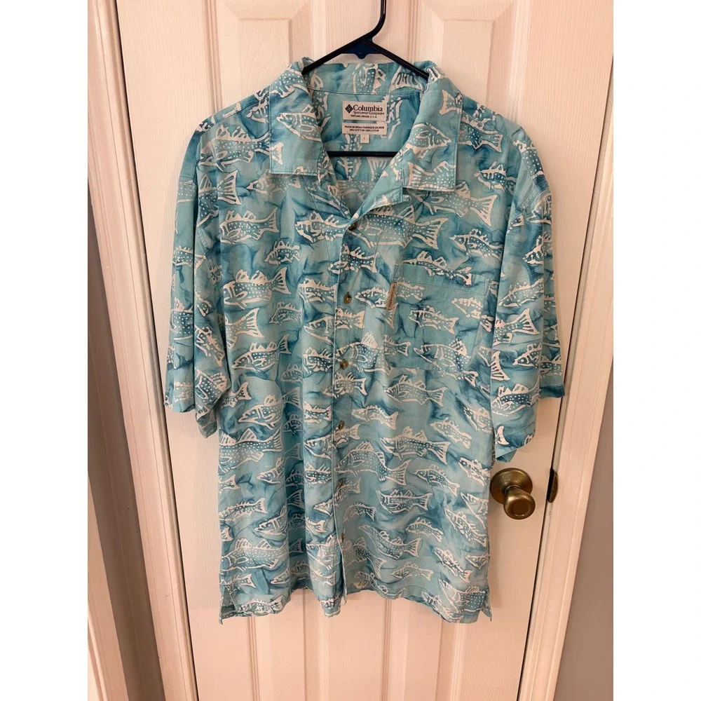 Columbia Button Down Shirt Men Large Blue Fish Print Cotton Short Sleeve Batik